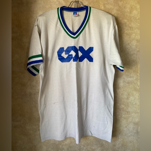 Vintage Russell Athletic Sportswear Baseball Jersey Blue Green 70s 80s Thrashed - Picture 1 of 7